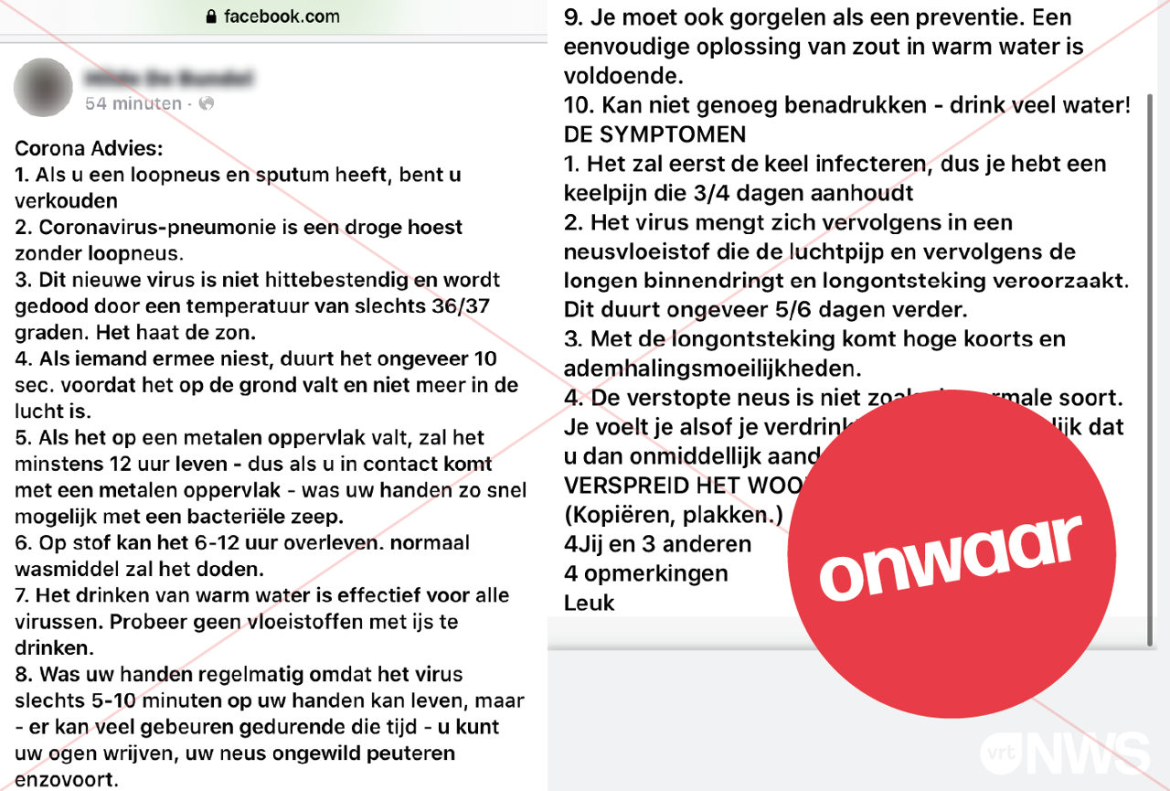 een foutief facebookbericht dat zou beweren dat veel water drinken en gorgelen helpt om het coronavirus te vermijden