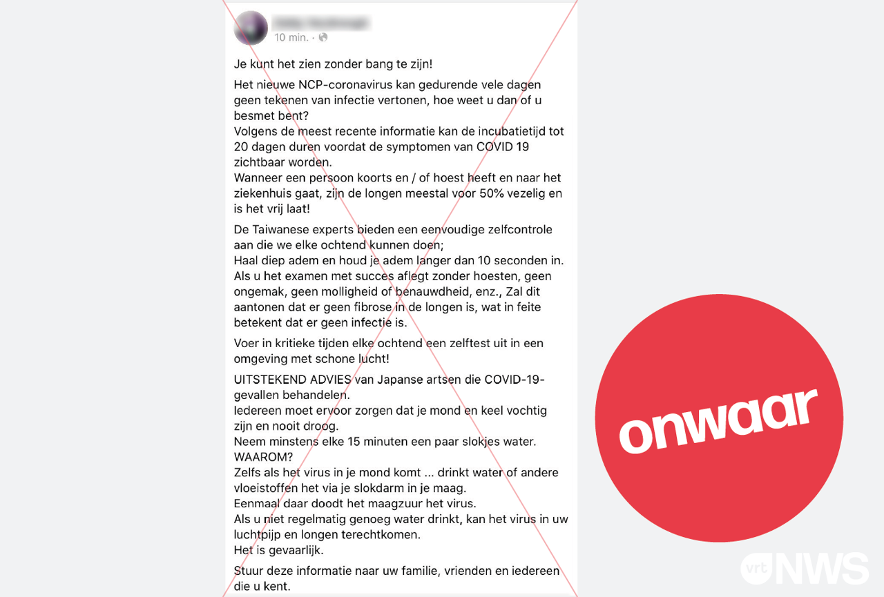 Een foutief bericht op facebook om zelf te testen of je het coronavirus zou hebben. Dit is compleet foutief.