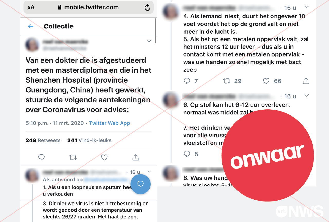 een foutief facebookbericht dat valse informatie geeft over zogezegde dokters