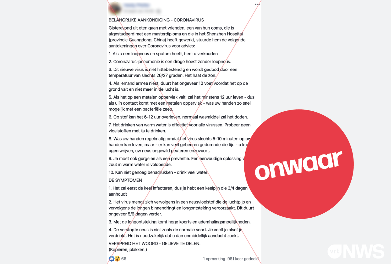 een foutief facebookbericht dat zou beweren dat veel water drinken en gorgelen helpt om het coronavirus te vermijden