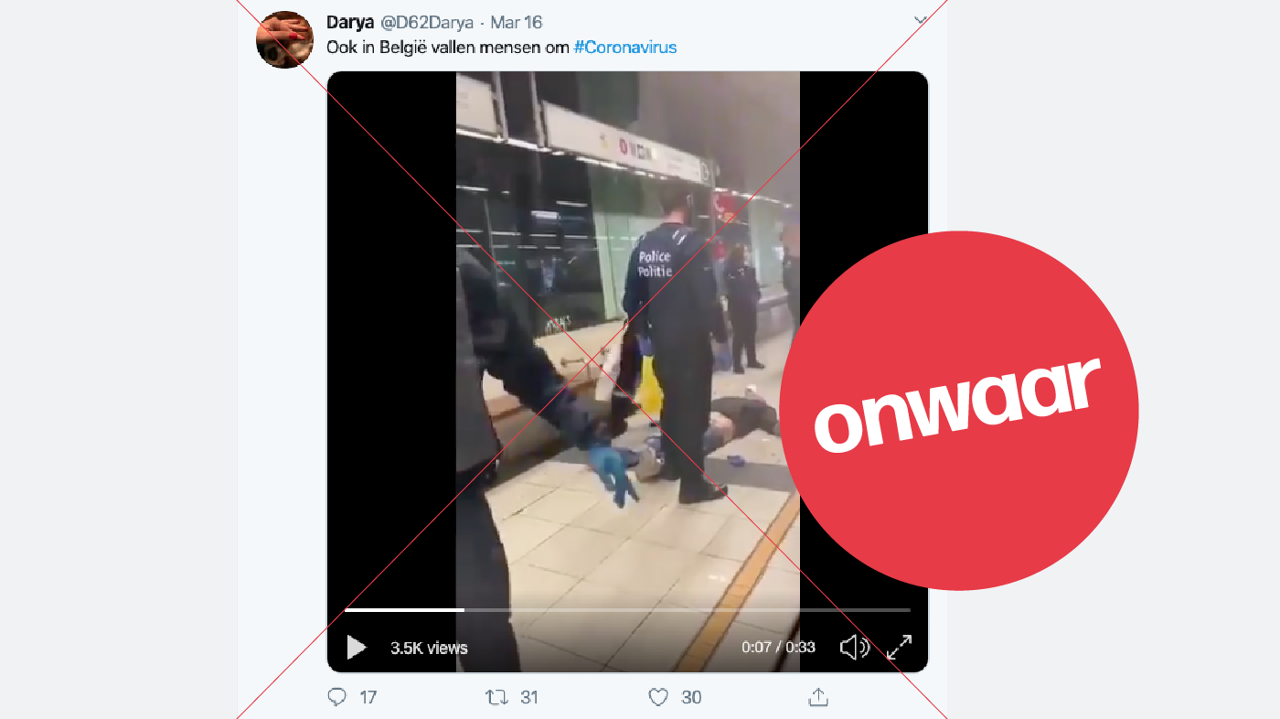 screenshot van een video waarbij de politie geweld zou gebruiken op mensen die corona zouden hebben.