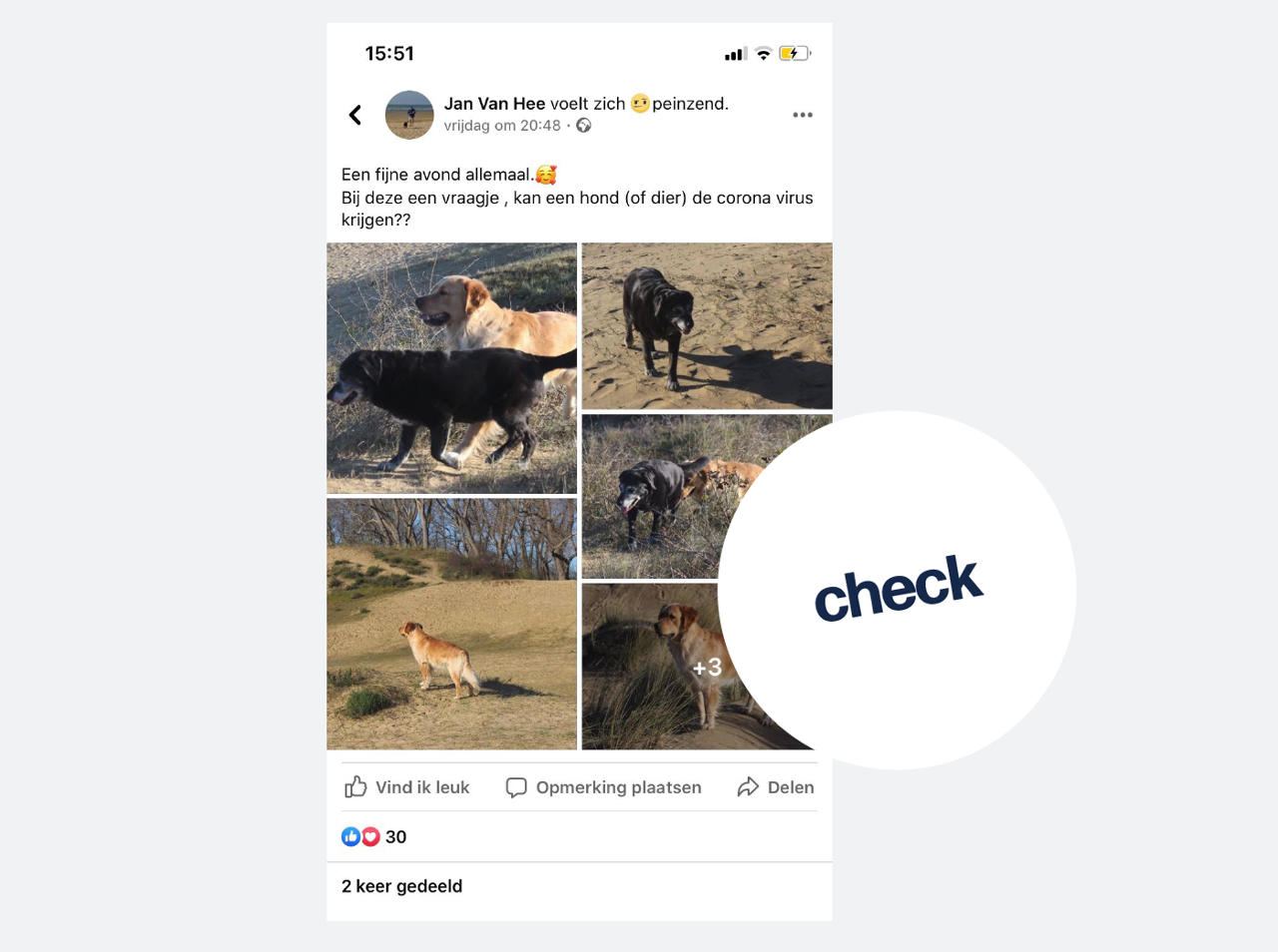 Een facebookbericht waarbij een vrouw foto's van haar hond plaatst samen met de vraag of honden ook het nieuwe coronavirus kunnen overbrengen