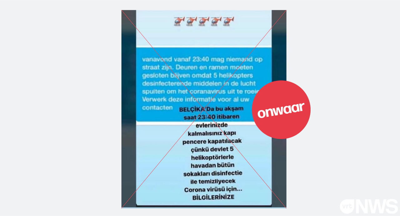 Een vals bericht waarin staat dat vanavond iedereen moet binnenblijven omdat de politie desinfecterende middelen gaat verstuiven in de lucht. Deze informatie is niet waar.