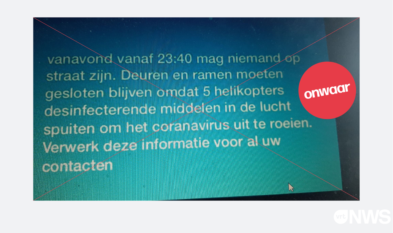 Een vals bericht waarin staat dat vanavond iedereen moet binnenblijven omdat de politie desinfecterende middelen gaat verstuiven in de lucht. Deze informatie is niet waar.