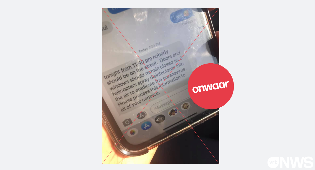 Een vals bericht waarbij men in het Engels zegt om binnen te blijven vanavond. De politie zou namelijk desinfecterende middelen per helicopter verspreiden. Dit is niet waar.