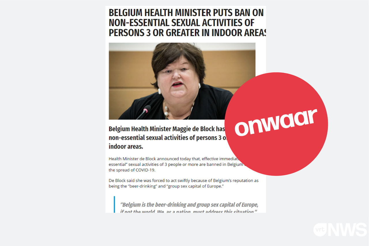Een schermafbeelding waarbij er wordt gezegd dat Maggie De Block (minister van volksgezondheid) niet-essentiële seksuele activiteiten van drie personen of meer zou verbieden.