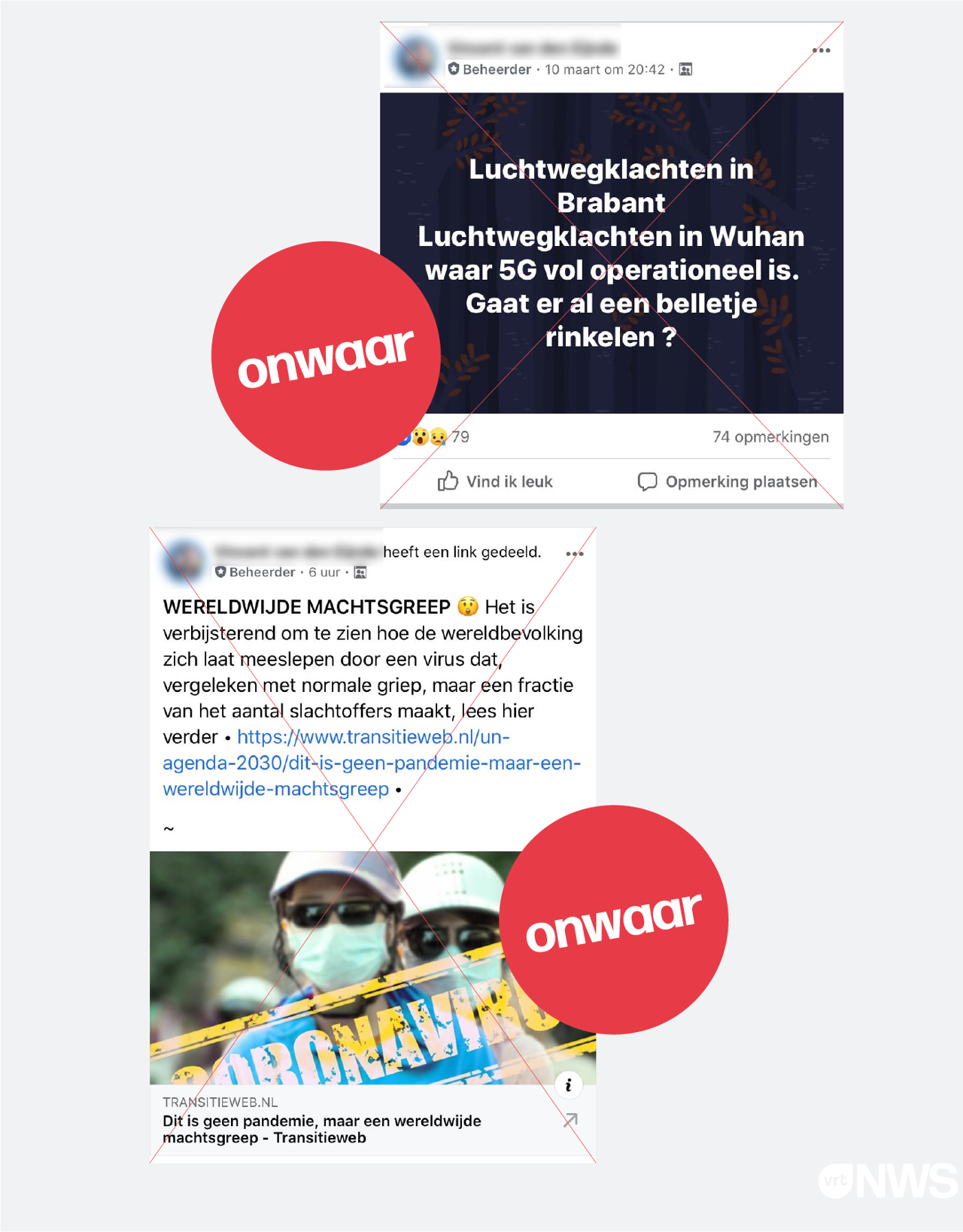 Facebookposts die beweren dat de klachten van het virus eigenlijk van 5G komt. Dit is niet waar.