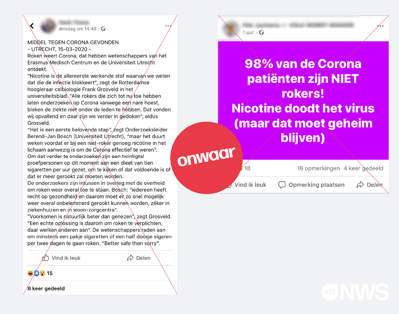 Facebookposts die beweren dat nicotine het virus doodt. Dit is niet waar.