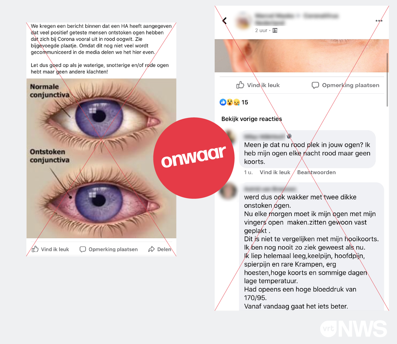 Berichten op Facebook die beweren dat als je rode ogen hebt je het coronavirus hebt. Dit is niet waar.