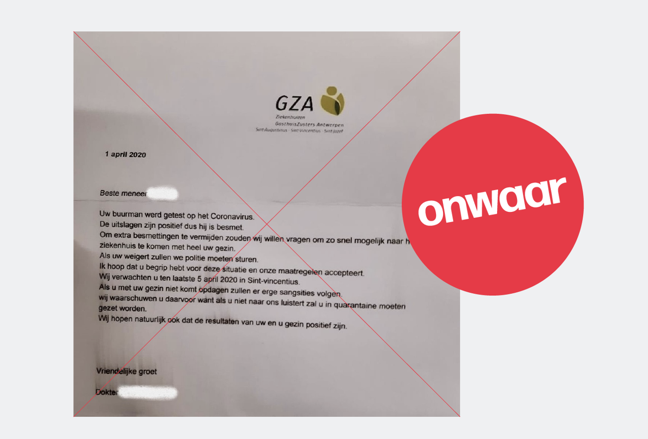 Een valse brief die rondgaat die oproept om mensen naar het Sint-Vincentiusziekenhuis te sturen wegens het coronavirus.
