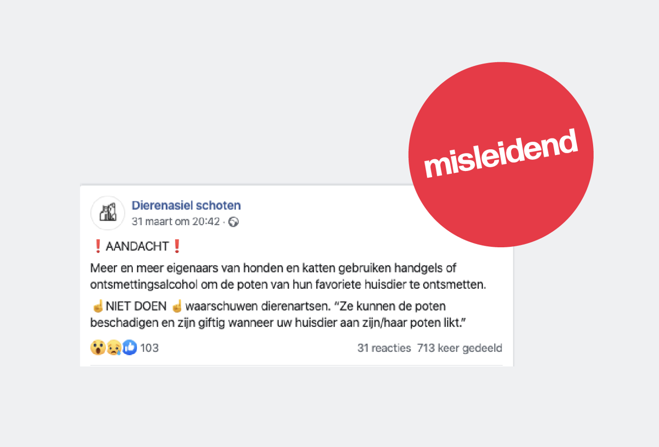 Een Facebookbericht waar staat dat het giftig is om handgel aan de poten van je huisdier te wrijven.