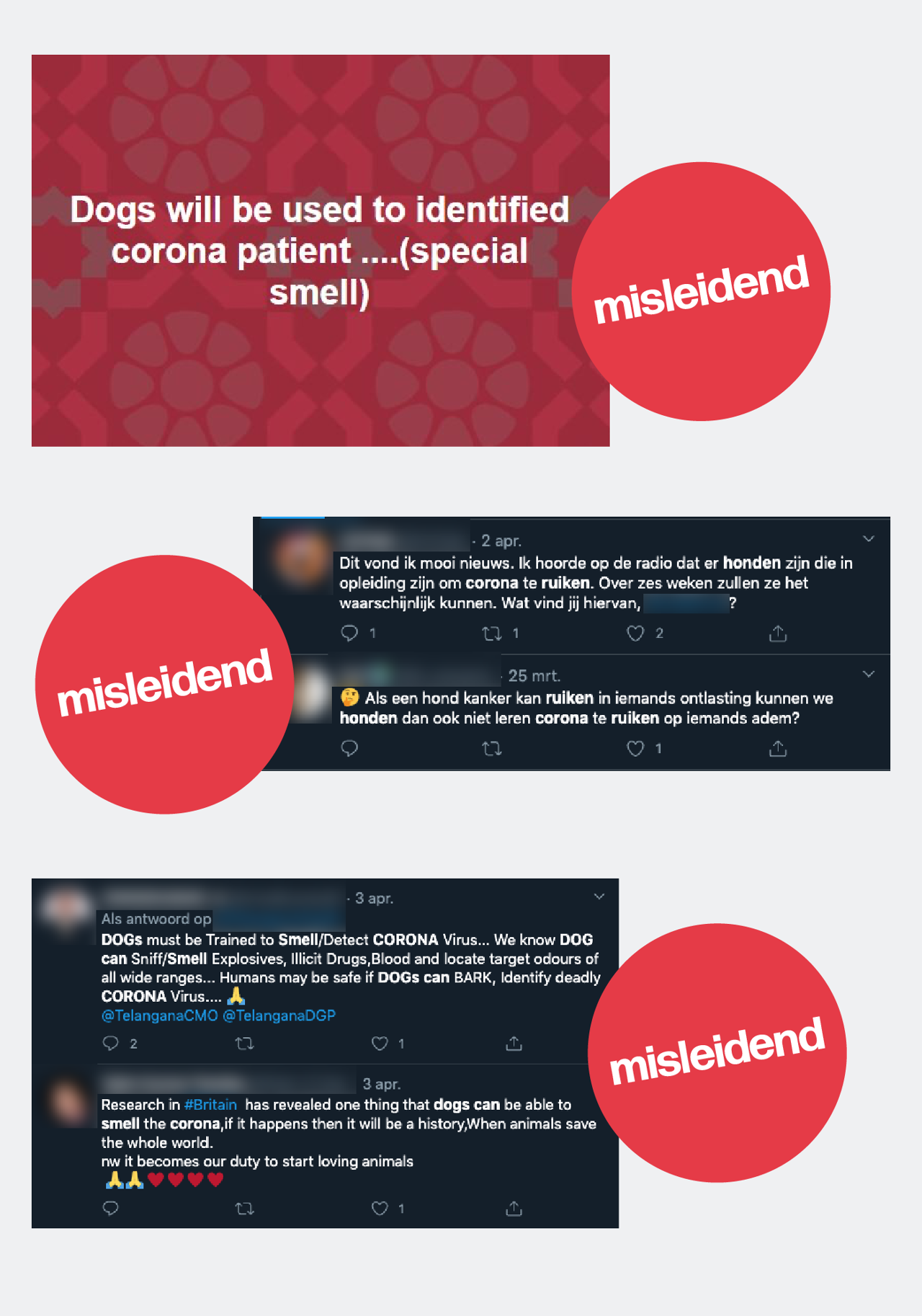 Drie berichten via Facebook en Twitter waarbij er wordt beweerd dat honden kunnen ruiken of iemand corona heeft of niet.