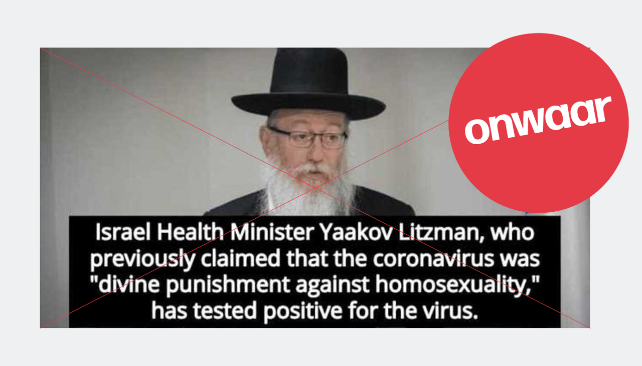 Een afbeelding waar staat dat de Israëlische minister van Volksgezondheid beweert dat corona Gods straf voor homoseksualiteit is. Dit is onwaar.