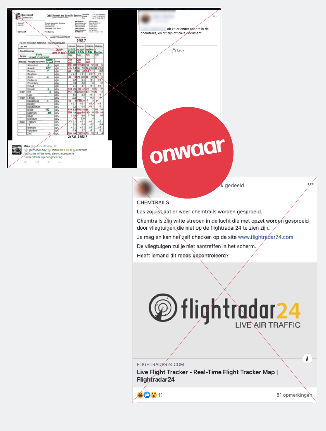Mensen op Facebook die beweren dat de witte strepen in de lucht vol zitten met gif en virussen. Dit is niet waar.