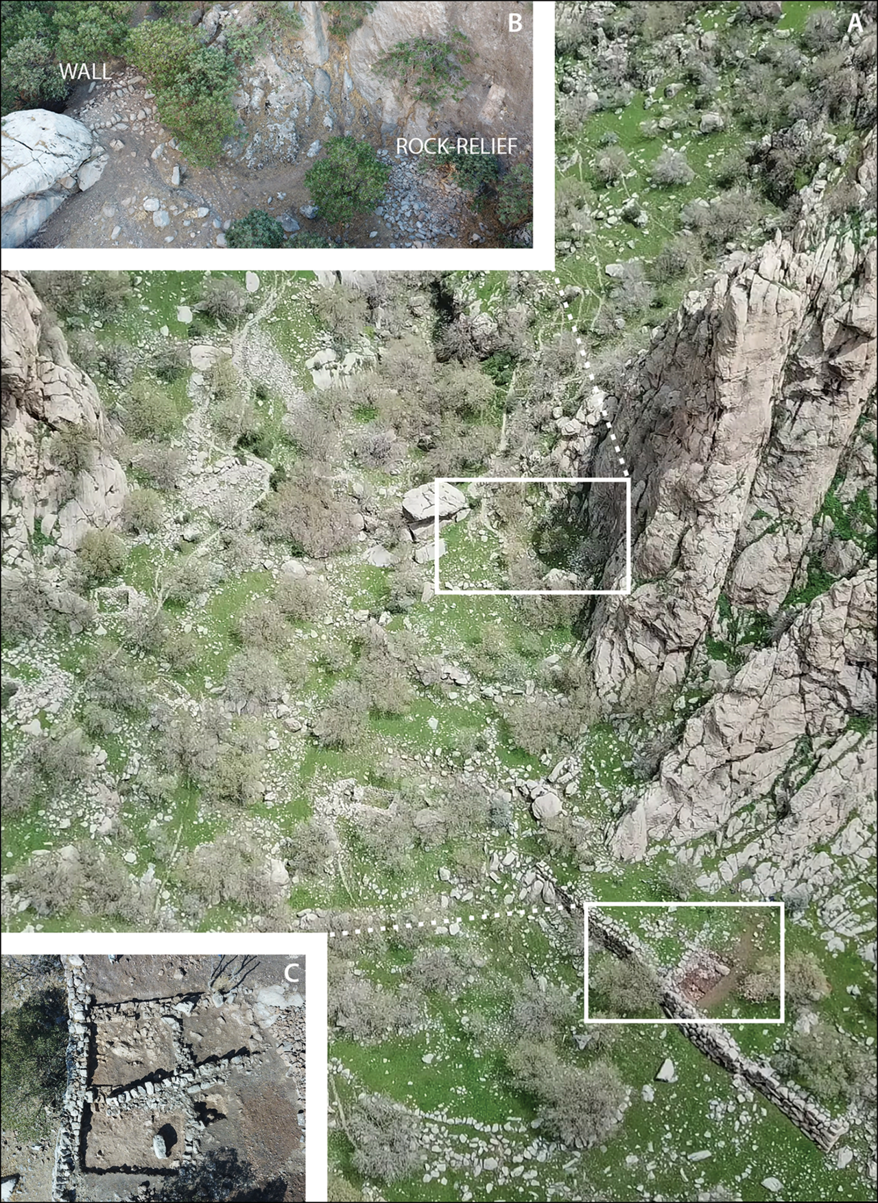a) l'ingresso di Wadi al-Rabbana, b) una scultura rupestre di al-Rabbana con parte del muro circolare, c) un edificio che mostra tracce di abitazioni nel periodo islamico. a) l'ingresso di Wadi al-Rabbana, b) una scultura rupestre di al-Rabbana con parte del muro circolare, c) un edificio che mostra tracce di abitazioni nel periodo islamico.