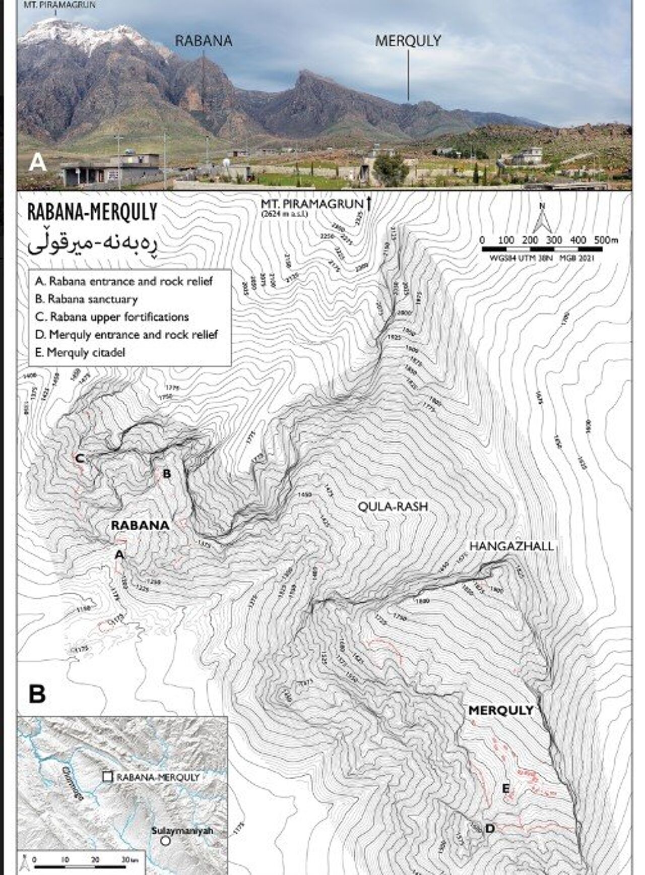 a) Monte Peramatron, nel sito degli insediamenti di Rabaneh e Merkouli, b) lo schema Rabbana-Mergoli. a) Monte Peramatron, nel sito degli insediamenti di Rabaneh e Merkouli, b) lo schema Rabbana-Mergoli.