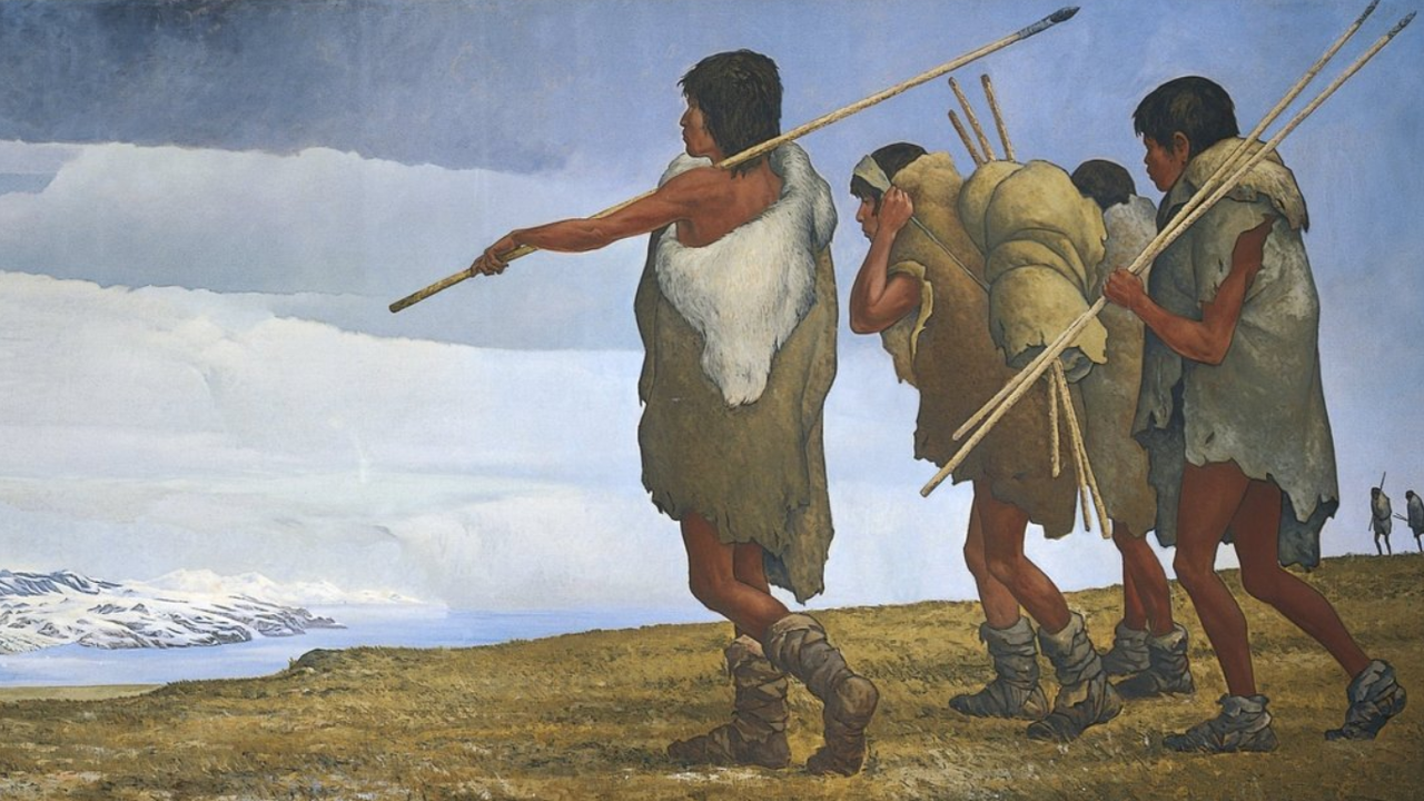 Het traditionele beeld: jager-verzamelaars in pelsen trekken over land, door de toendra, Amerika binnen. 