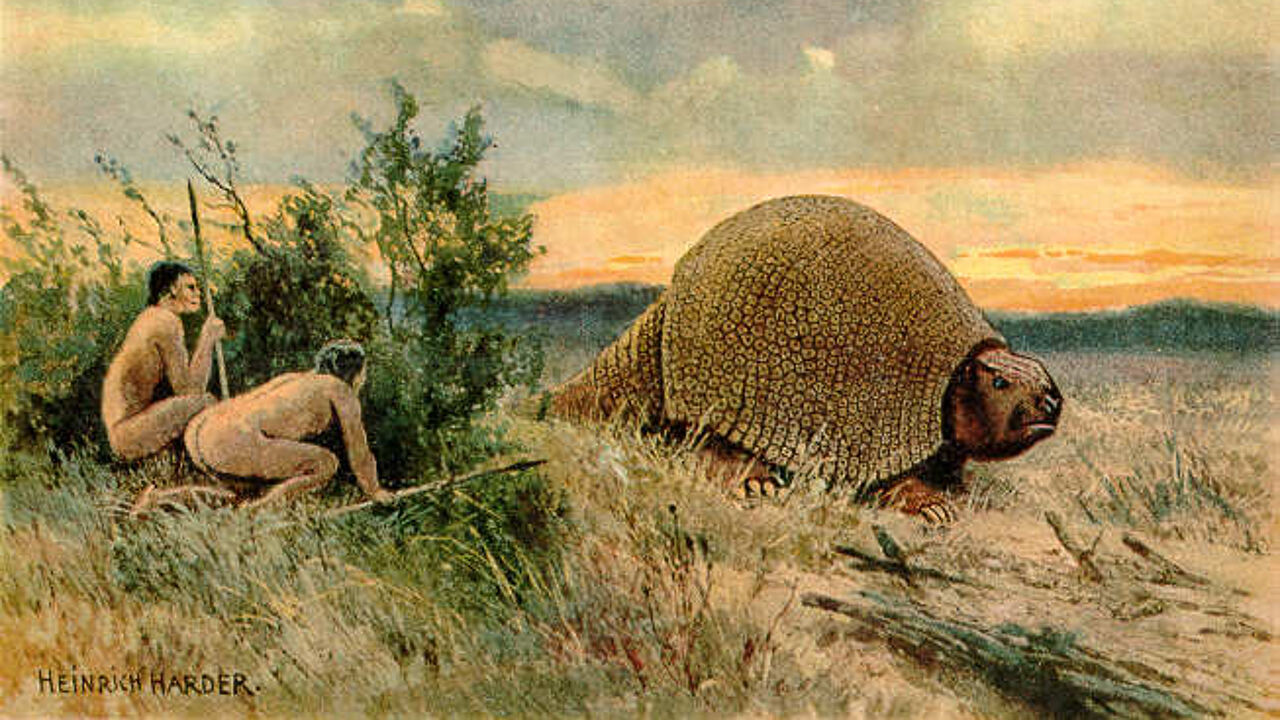 De eerste Amerikanen besluipen een glyptodont, een reuzengordeldier dat op het einde van de laatste IJstijd uitgestorven is. Een tekening uit het begin van de 20e eeuw van Heinrich Harder..