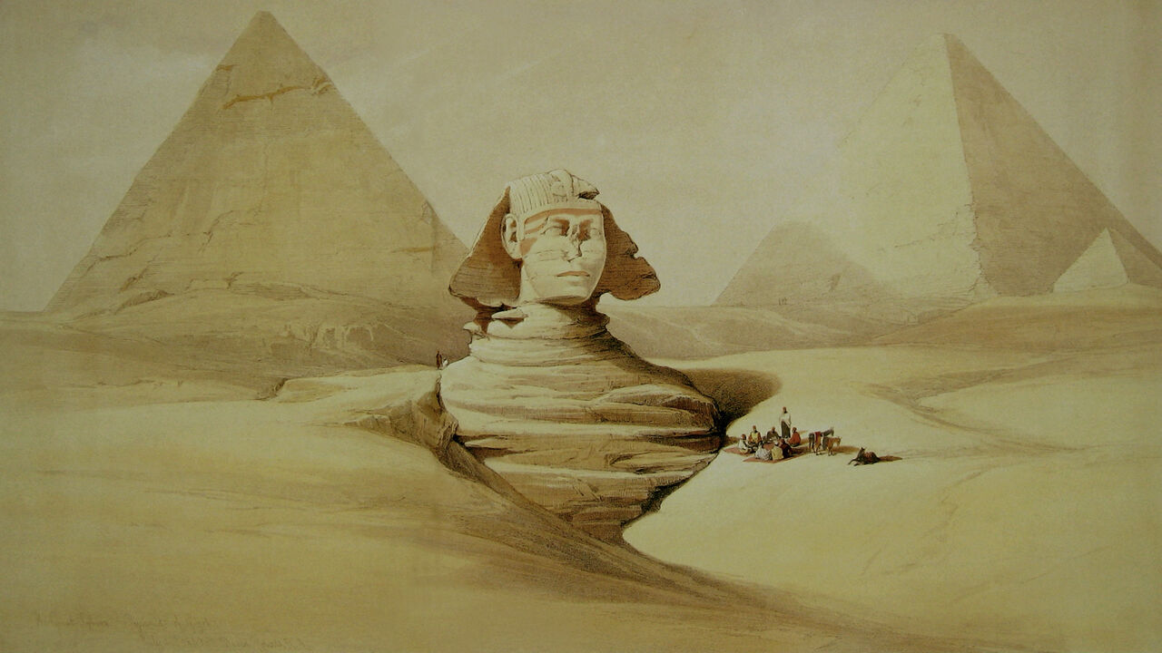 Een 19e-eeuwse lithografie van de sfinx van Gizeh en de piramiden.