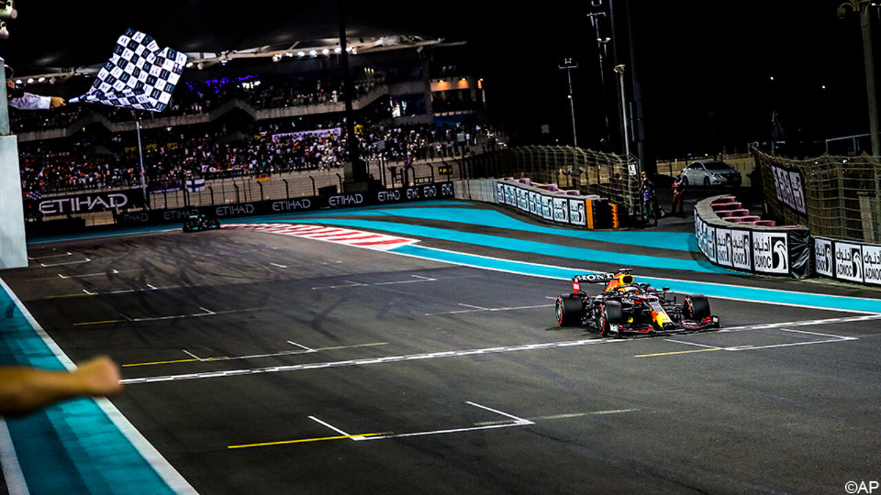 Max Verstappen crosses the finish line as the winner. Max Verstappen crosses the finish line as the winner.