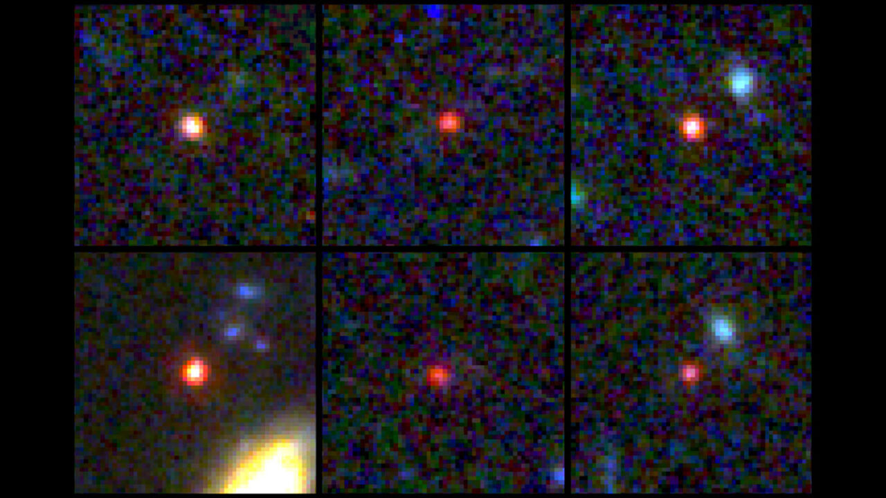 The six galaxies, each red ball showing a galaxy (Image: NASA, ESA, CSA, LABBE (Swinburne University of Technology): G. Brammer (Niels Bohr Institute's Cosmic Dawn Centre, University of Copenhagen)) The six galaxies, each red ball showing a galaxy (Image: NASA, ESA, CSA, LABBE (Swinburne University of Technology): G. Brammer (Niels Bohr Institute's Cosmic Dawn Centre, University of Copenhagen))