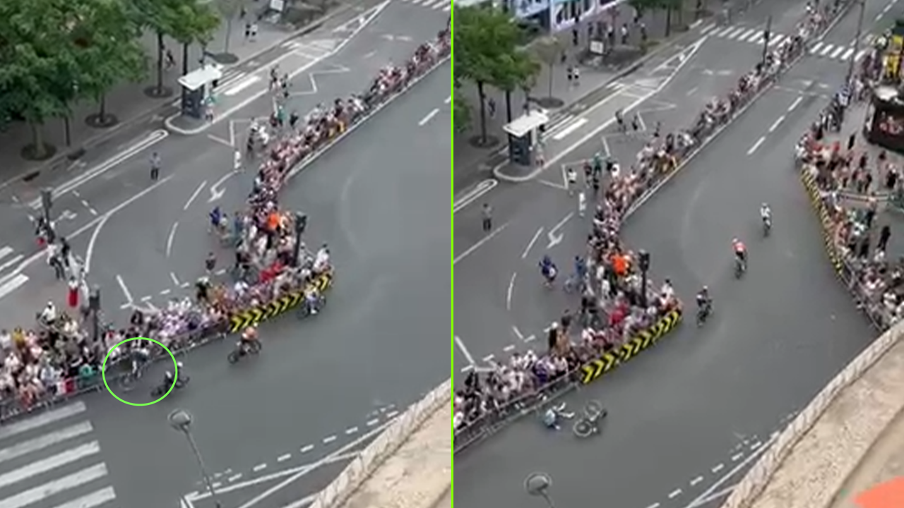 VIDEO Wout van Aert crasht het decor in tijdens slotfase van de