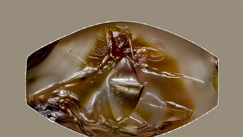 De zegelsteen is nog geen 4 cm lang, maar de afbeelding is toch zeer gedetailleerd (Foto: The Departement of Classics, University of Cincinnati). 