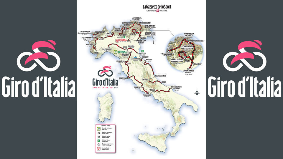 De kaart met het Giro-parcours.