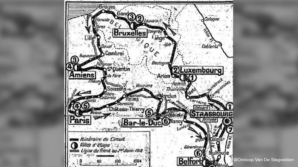 Een kaartje met het parcours van de Omloop van de Slagvelden in 1919.