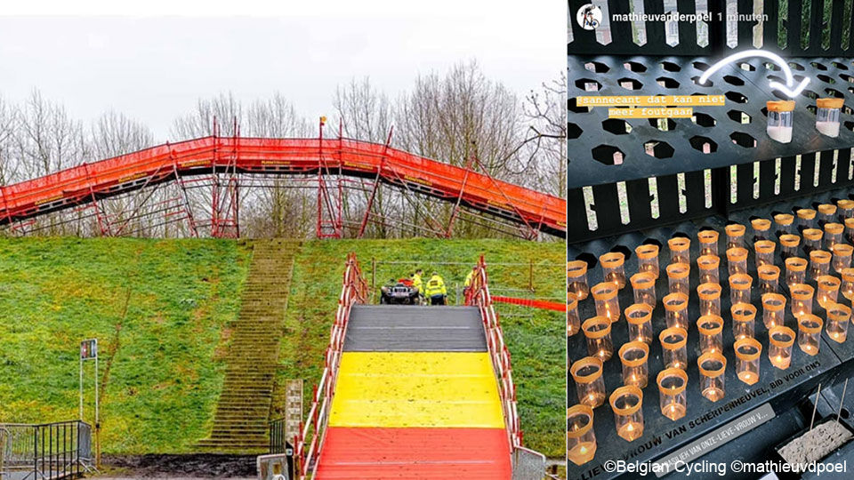 Links staat een foto met trappen op het BK-parcours in de kleuren van de Belgische vlag. Rechts staat een foto van Mathieu van der Poel die een kaars brandt voor Sanne Cant in Scherpenheuvel.