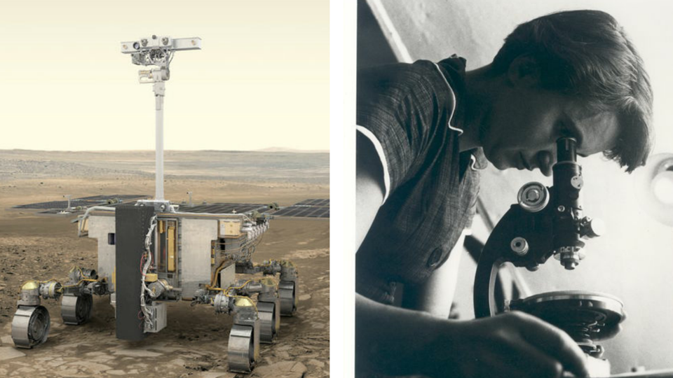 Een voorstelling van de Mars-rover op de Rode Planeet, Rosalind Franklin kijkt door een microscoop in 1955.