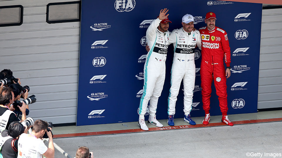 Hamilton, Bottas en Vettel in Shanghai.