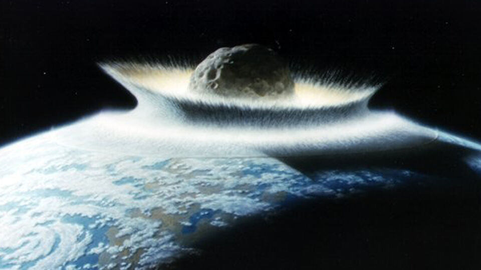 Voorstelling van een grote asteroïde die in de dampkring van de aarde terechtkomt.