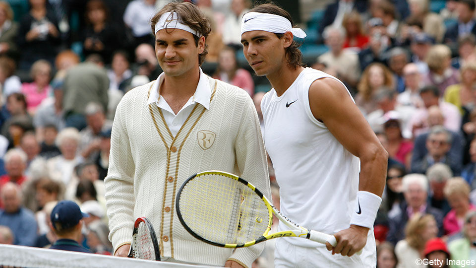 Roger Federer en Rafael Nadal voor de finale van 2008.