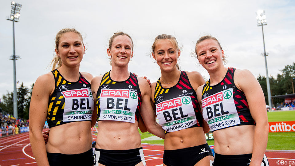 Manon Depuydt, Imke Vervaet, Rani Rosius en Elise Mehuys snelden naar winst op de 4x100 meter.