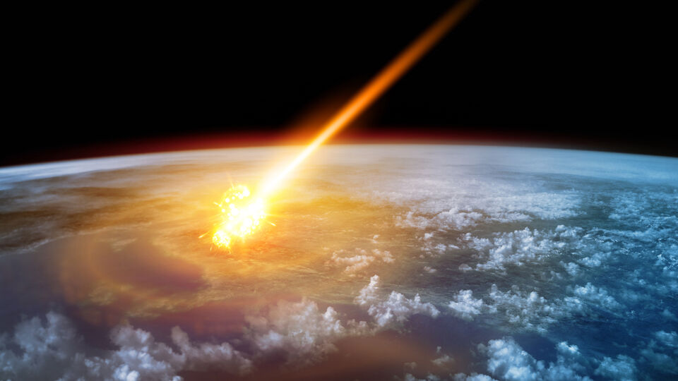 Voorstelling van het inslaan van een grote asteroïde op de aarde. 