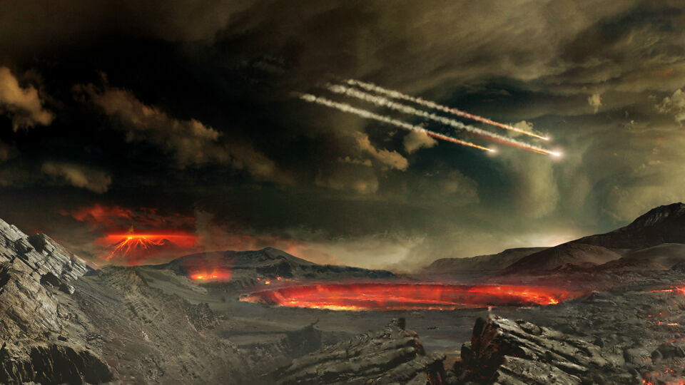 Voorstelling van meteorieten die de vroege aarde bombarderen, en mogelijk de bouwstenen van het leven meebrachten. 