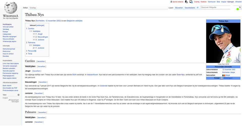 Thibau Nys heeft sinds vandaag een eigen Wikipedia-pagina.