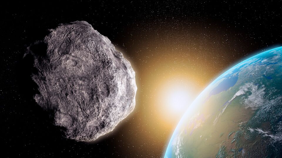 Voorstelling van een asteroïde in de buurt van de aarde.