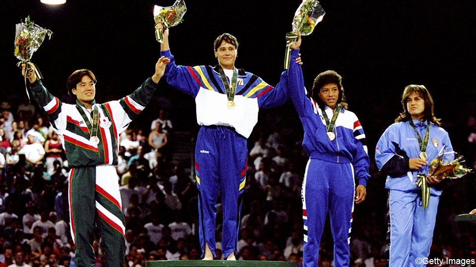 Ulla Werbrouck staat op het hoogste schavotje tijdens de Spelen van Atlanta in 1996.