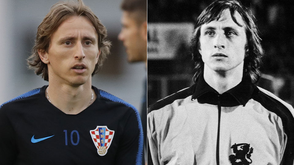 Voetballers Luka Modric en Johan Cruijff.