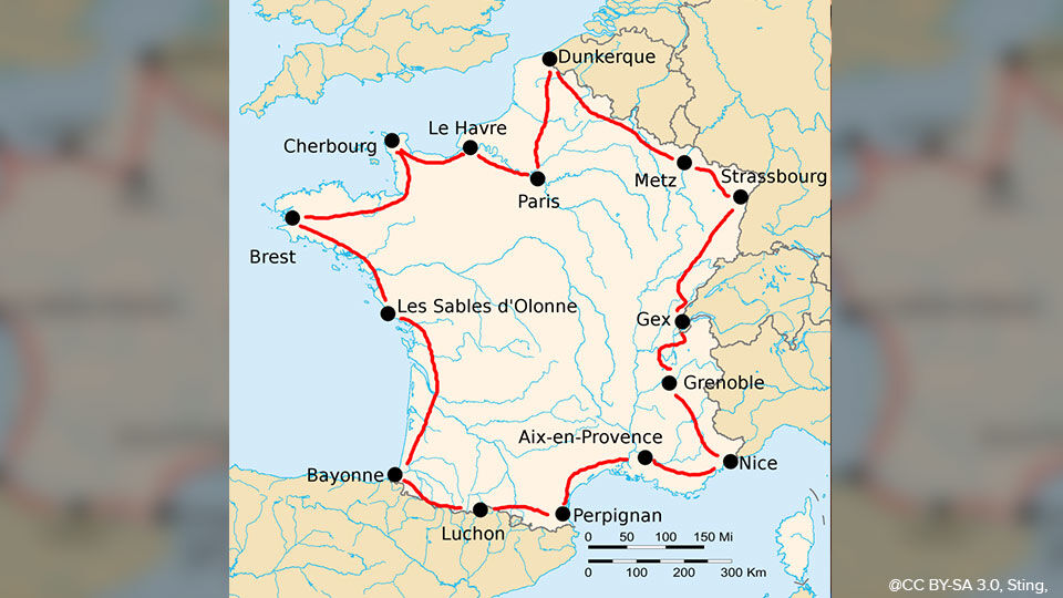 Het Tour-parcours van 1920, de renners reden tegenwijzerzin rond Frankrijk.