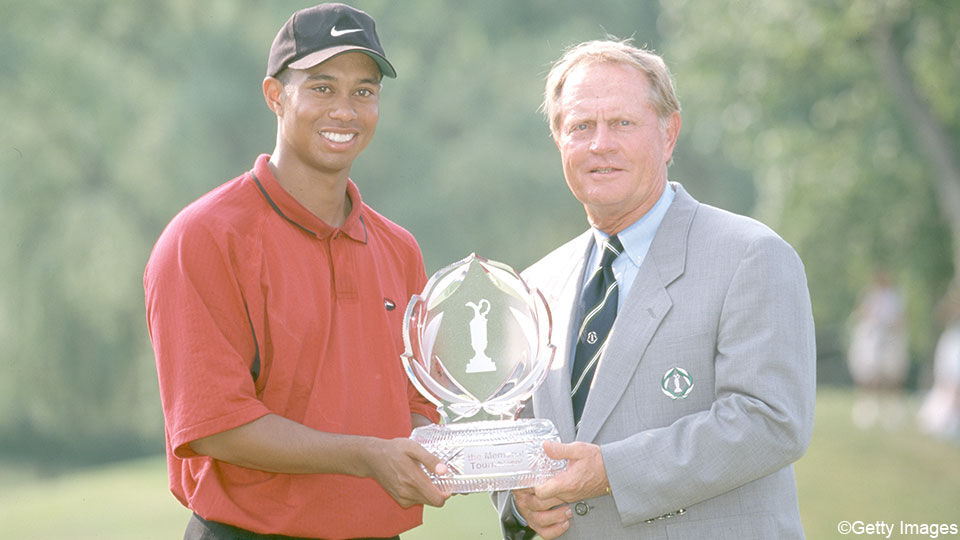 Twee golflegendes op één foto: Tiger Woods en Jack Nicklaus.