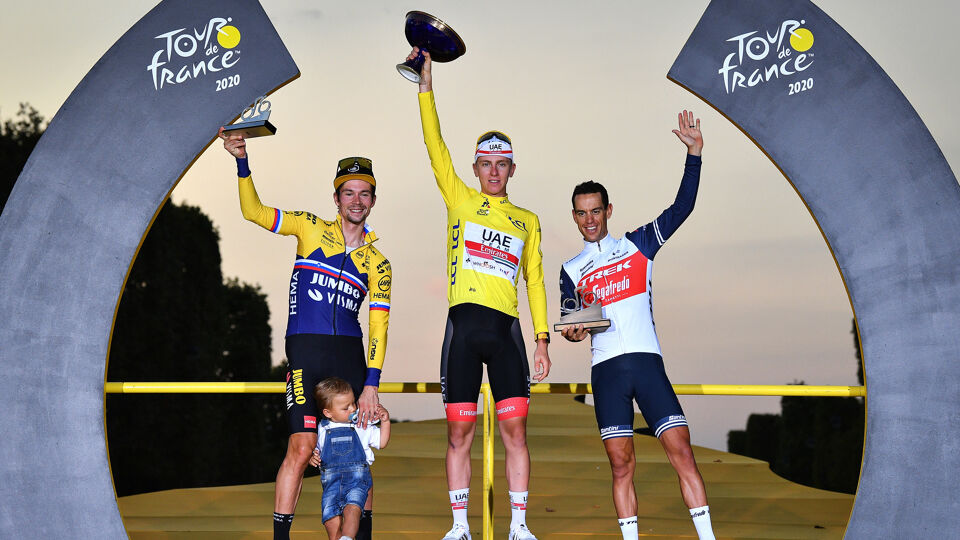 Het podium van de Tour van 2020 met Roglic, Pogacar en Porte.