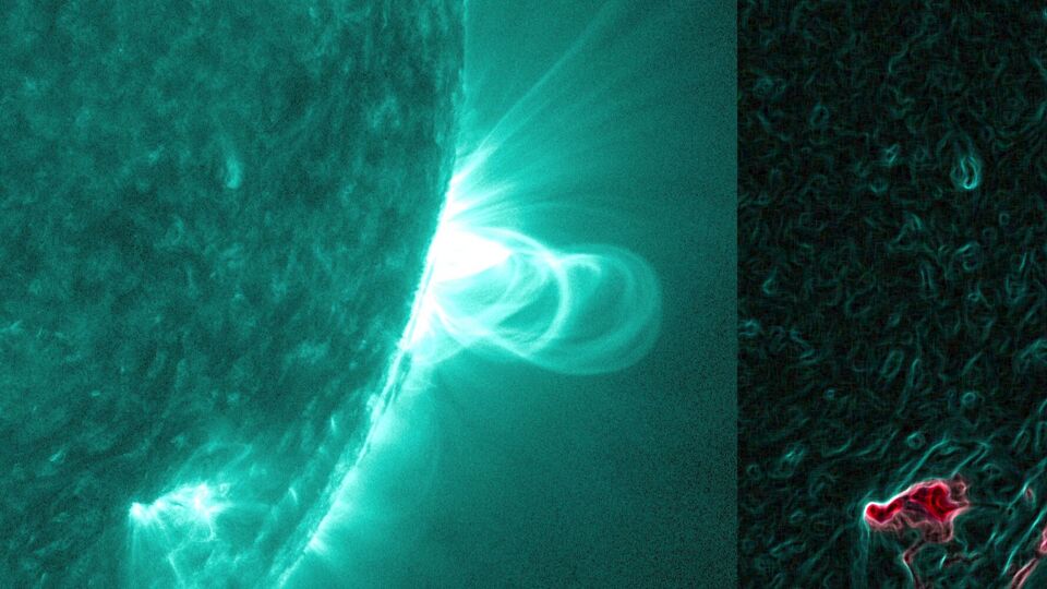 Een aantal magnetische lussen op de zon (links), met rechts een bewerkte versie die de structuur duidelijker maakt.