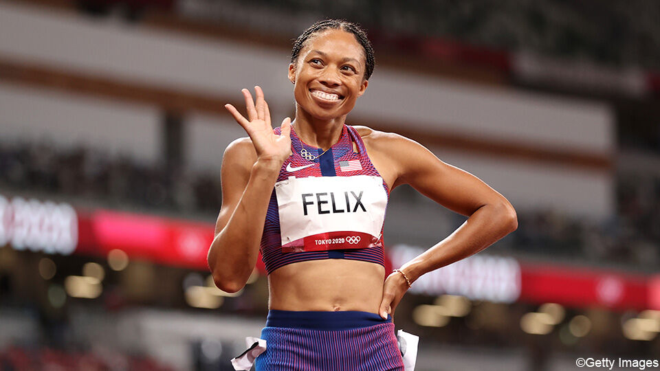 Allyson Felix telt nu 10 olympische medailles, geen enkele atlete doet beter.