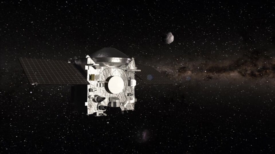 Voorstelling van OSIRIS-REx op weg met stalen naar de aarde, met op de achtergrond Bennu.
