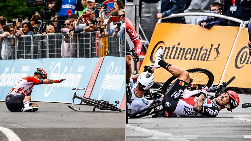 Caleb Ewan valt in de Giro (links) en in de Tour van vorig jaar (rechts) nadat hij een renner had geraakt.