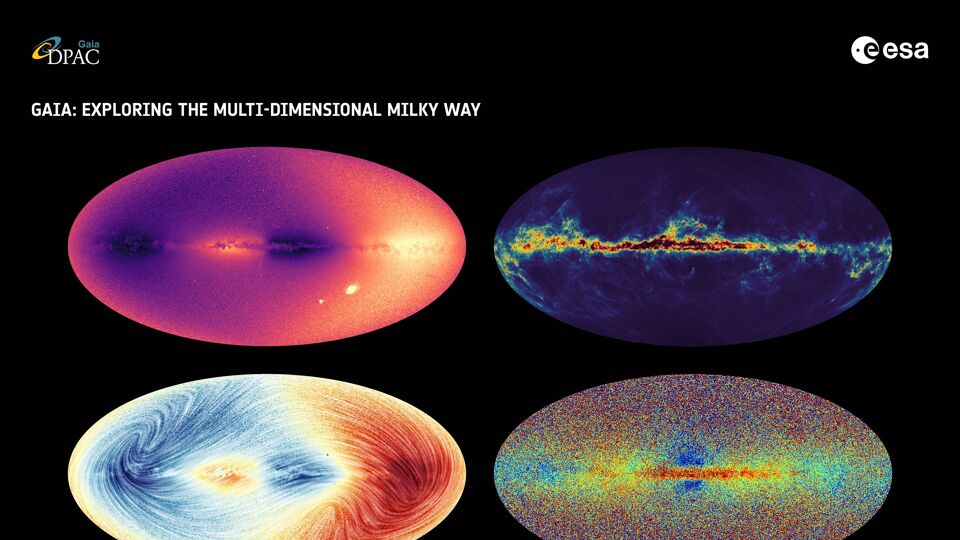 Verschillenden kaarten van onze Melkweg: van chemische samenstelling over interstellair stof tot de snelheid waarmee objecten bewegen