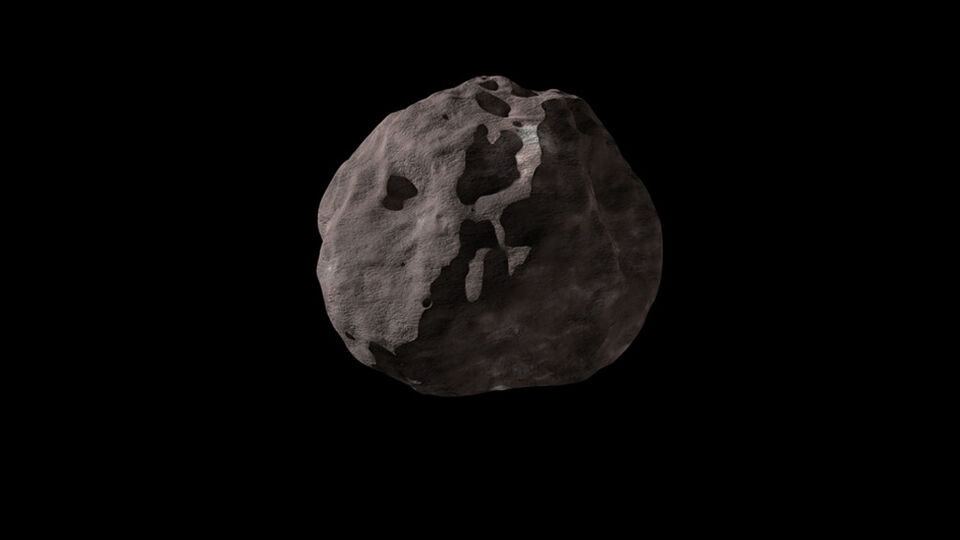 Een voorstelling van de asteroïde Polymele, die een eigen satelliet of maan blijkt te hebben.